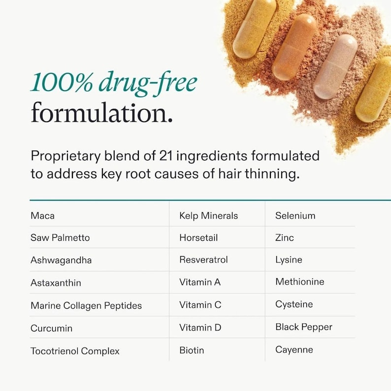 May include: Image of capsules and powder with text: "100% drug-free formulation." The image lists ingredients like Maca, Saw Palmetto, and Marine Collagen Peptides. The product is designed to address the root causes of hair thinning.