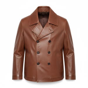 Men's Brown Leather Double-Breasted Peacoat, Cognac Distressed Leather Jacket