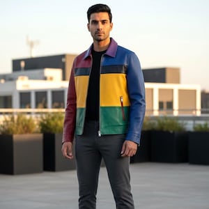 Puede incluir: Una chaqueta de cuero con bloques de color que presenta un cuello morado, mangas granates, un panel frontal amarillo y una sección inferior verde. La chaqueta incluye una franja horizontal negra en el pecho, cremallera y paneles laterales azules.