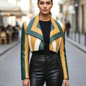 Women's Colorblock Cropped Leather Jacket | Green Mustard Cream Stripes, Oversized Lapel