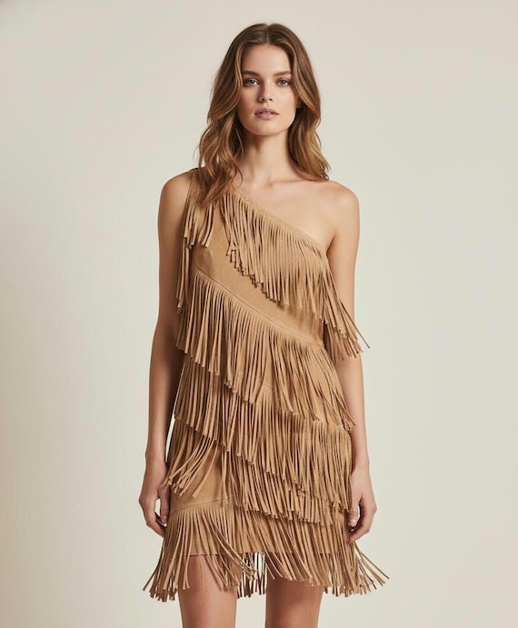 brown western mini dress Vegan Suede Fringe One Shoulder Dress, Boho Party Eliza J 3D Floating pfseasonalfashion_h25 Style:N88M4129 This faux suede mini