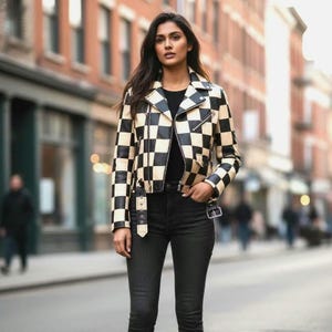 Women's Checkerboard Leather Biker Jacket | Black Cream Patchwork Moto Coat