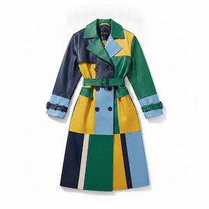 Women's Multicolor Leather Trench Coat | Colorblock Patchwork Belted Duster | Green Navy Yellow | Genuine Leather Gift for Her