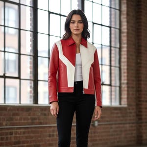 Women's Red White Geometric Leather Jacket | Colorblock Angular Panel Moto Coat | Retro Racing Style | Genuine Leather Gift for Her