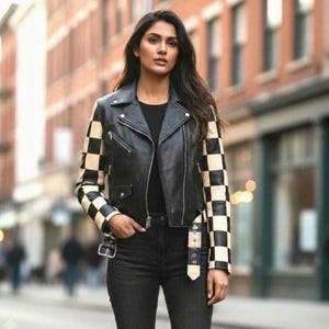 Women's Leather Biker Jacket with Checkered Arms | Black Cream Patchwork Moto Coat