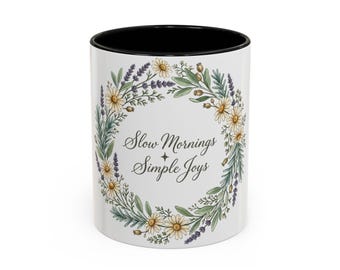 Slow Mornings Simple Joys Coffee Mug | Floral Wreath, Daisies & Lavender