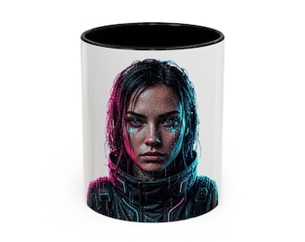 Futuristic Cyberpunk Woman Ceramic Mug, Sci-Fi Art Drinkware (11oz or 15oz)
