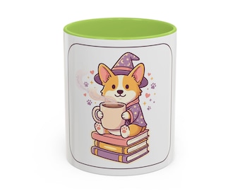 Corgi Wizard Coffee Mug | Whimsical Dog Lover Gift, Books, Cozy Scene