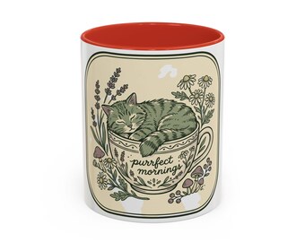 Purrfect Mornings Cat Illustration Mug | Accent Coffee Mug