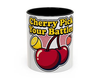 Cherry Pick Your Battles Coffee Mug | Retro Pop Art Cherries Fruit Mug