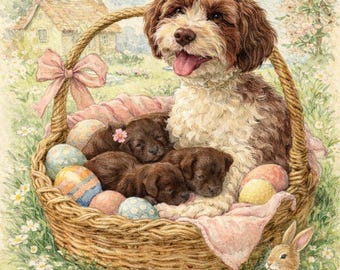 Biglietto di Pasqua con cane e cuccioli – Biglietto vintage in stile cottagecore ad acquerello – Simpatico biglietto di auguri primaverile con cuccioli – Biglietto di Pasqua stampabile