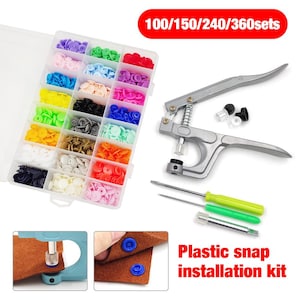 May include: A plastic snap installation kit with a variety of colorful snaps in a clear organizer. The kit includes a silver snap press, screwdrivers, and examples of snap application. Text reads "100/150/240/360sets".