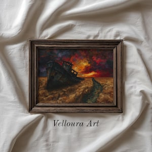 Drammatico naufragio in un campo tempestoso - Dipinto ad olio in stile vintage, arte murale neutra, scena di tramonto malinconica, download digitale stampabile 217
