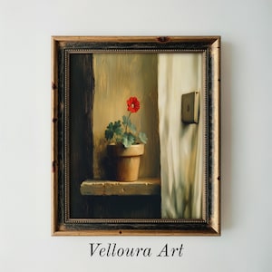 Obra de arte vintage de geranio en maceta de terracota - Pintura al óleo de estilo cottagecore neutro, arte mural campestre francés imprimible, descarga digital 93