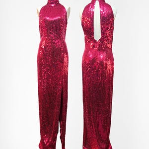 Vintage Ruby Red Sequin Gown 1990s Sleeveless High Neck Open Back Formalwear