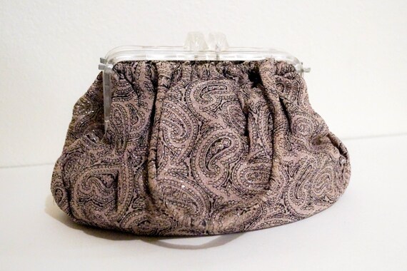 Vintage Paisley Handbag Clear Lucite Frame 1950s