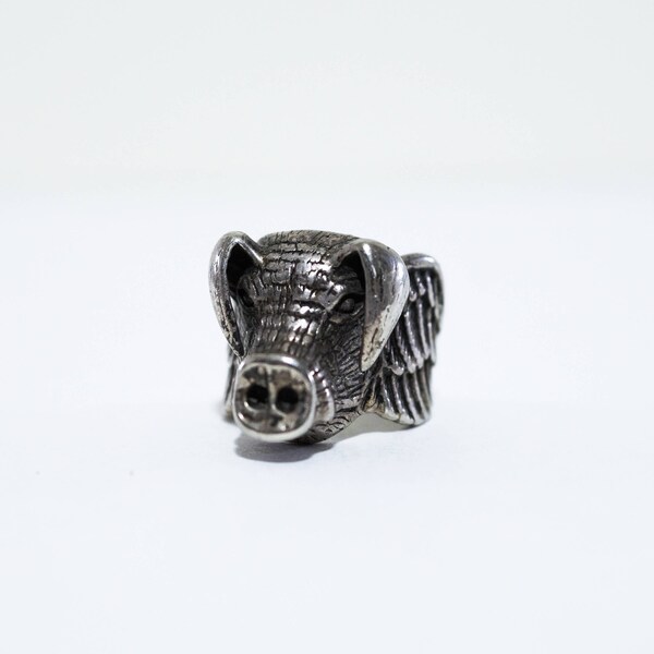 Vintage Mens Biker Ring Flying Pig Silver Plated Size 9 1/4 by G&S 1985