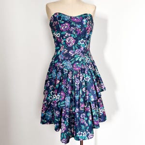 Vintage Floral Party Dress Strapless Cotton Tiered Ruffle Cutout Back 1980s Size Small