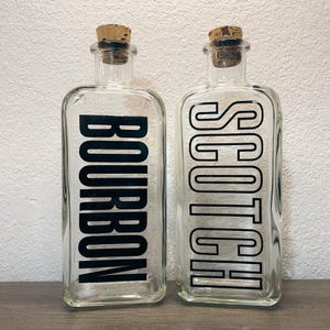 Vintage Bourbon Scotch Whiskey Decanter Bottles Retro Typography Barware 1970s