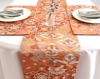 Japanese Silk Table Runner Set, Obi Wall Hanging, Pink Momoka Biyori Runner with Placemats, Wabi Sabi Vintage Decor