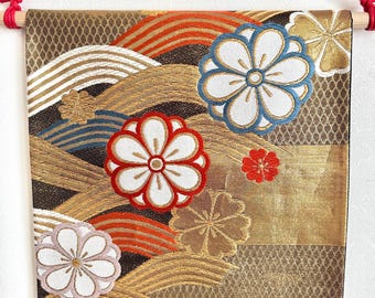 Kimono Obi Wall Hanging | Golden Wave Japanese Silk | Vintage Floral Art | Placemat Set | Handmade Home Decor Gift | Wabi Sabi | Zen