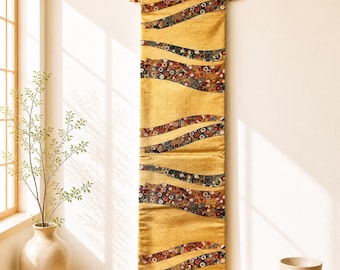 Kimono Obi Wall Hanging | Gold Japanese Silk | Vintage Takarazukushi Lucky Charm | Placemat Set | Handmade Home Decor | Wabi Sabi | Zen