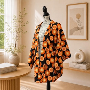May include: A black kimono-style jacket with a vibrant orange floral pattern. The jacket is displayed on a mannequin, showcasing its open front and loose fit. The floral design features concentric circles in shades of orange and yellow.