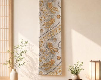 Kimono Obi para colgar en la pared | Seda japonesa plateada, gris y dorada | Camino de mesa con pájaro de la buena fortuna | Juego de manteles individuales | Decoración hecha a mano | Wabi Sabi | Zen