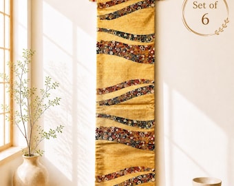 Kimono Obi Wall Hanging | Gold Japanese Silk | Vintage Takarazukushi Lucky Charm | Placemat Set | Handmade Home Decor | Wabi Sabi | Zen
