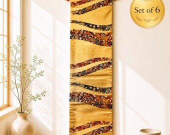 Kimono Obi Wall Hanging | Gold Japanese Silk | Vintage Takarazukushi Lucky Charm | Placemat Set | Handmade Home Decor | Wabi Sabi | Zen