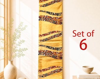 Kimono Obi Wall Hanging | Gold Japanese Silk | Vintage Takarazukushi Lucky Charm | Placemat Set | Handmade Home Decor | Wabi Sabi | Zen