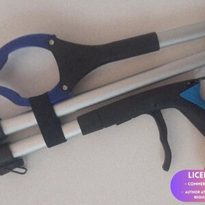 May include: A foldable reacher grabber tool featuring a silver aluminum shaft, a black and blue ergonomic handle with a trigger mechanism, and a blue claw gripper. The device includes black plastic hinges and a black strap for secure storage.