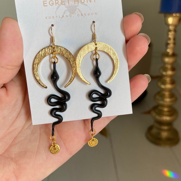 Snake Earrings, Crescent Moon Celestial Serpent Dangle Earrings, handmade jewelry, gift, whimsigoth, fairycore