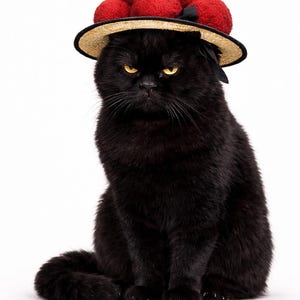 May include: A black cat wearing a straw hat adorned with red pom-poms and a black ribbon. The cat has yellow eyes and is sitting against a white background. The cat's fur is sleek and shiny.