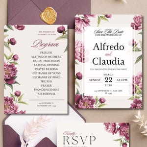 May include: A wedding stationery suite with a program, save-the-date card, and RSVP card. The design features burgundy floral elements and stylish typography. An envelope with a gold wax seal is also included.