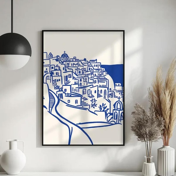 Contemporary Santorini Line Art Poster | Blue Mediterranean village print, Greek wall art, blue greek islands travel decor, home wall art