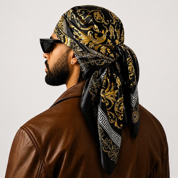 Men's Luxury Print Satin Silk Head Scarf, Designer Print Durag