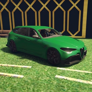 May include: A vibrant green car with black alloy wheels is positioned on grass. The vehicle has a streamlined design and tinted windows. A gold-coloured decorative structure forms the backdrop.