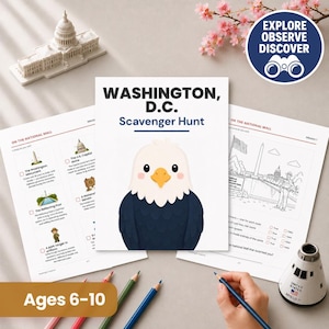May include: A Washington, D.C. scavenger hunt activity book featuring a cartoon bald eagle on the cover. The set includes printed pages with illustrations of the U.S. Capitol and National Mall, a small model of the Capitol, and a space capsule model.