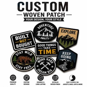 May include: A selection of custom woven patches with diverse designs and text, such as "Adventure Awaits," "Explore," and "Stay Wild." The patches are in various shapes and feature mountain, bear, and road graphics. The text "Custom Woven Patch" is at the top.