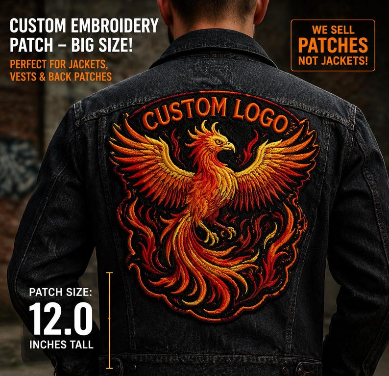 Custom Phoenix Back Patch, Large Embroidery Iron On Sew On Jacket Vest (12 Inch) image 1