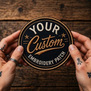 May include: A round, black embroidered patch with the words "YOUR Custom EMBROIDERY PATCH" in white and gold thread. The patch has a gold border and star accents. The patch is held by two hands.
