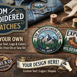 Può includere: Un assortimento di toppe ricamate personalizzate con vari disegni, tra cui una scena di montagna, una bussola e una volpe. Il testo "Custom Embroidered Patches" e "Make it Your Own" è visibile su una superficie di legno.