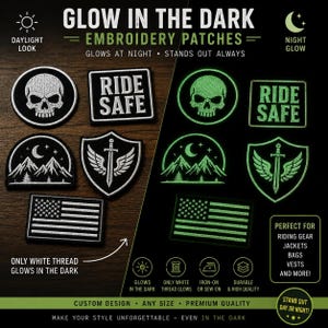 May include: A collection of five black and white embroidered patches featuring a skull, the text RIDE SAFE, a mountain landscape, a winged sword, and an American flag. The image displays both daylight and glow-in-the-dark versions of these designs.