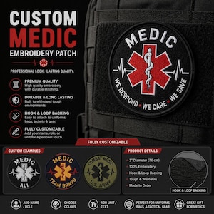 Può includere: Toppa Medic ricamata nera e rossa con la scritta "We Respond, We Care, We Save". La toppa ha un diametro di 7,6 cm e un retro a strappo. È visibile anche il testo "Custom Medic Embroidery Patch".