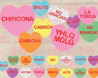 Spanish Sarcastic Conversation Hearts SVG | Heart Candy SVG | Mexican Valentine svg | Toxica San Valentín svg | Chingona San Valentin PNG