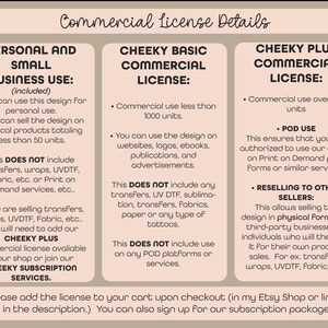 May include: A graphic with three columns outlining the different commercial license options for a design. The options are "Personal and Small Business Use", "Cheeky Basic Commercial License", and "Cheeky Plus Commercial License". Each option lists the uses and limitations of the license.