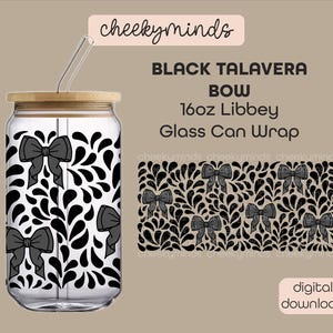 Talavera Coquette Bows Black Libbey Wrap PNG and SVG format Talavera Tile Mexican Style Wrap Glass Can 16oz Sublimation Jarrito Wrap