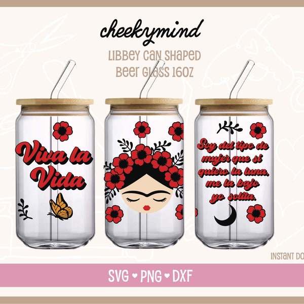 Retro Frida Kahlo Libbey Can Wrap | Frida Wrap PNG SVG DXF | Mother's Day Wrap | Libbey Beer Glass Can | Sublimation| LatinaX Glass Can