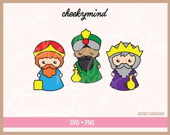 May include: Three cartoon wise men, each wearing a crown and holding a gift. The wise man on the left is wearing a red and white crown and a blue robe. The wise man in the middle is wearing a green robe and a turban. The wise man on the right is wearing a purple robe and a gold crown.